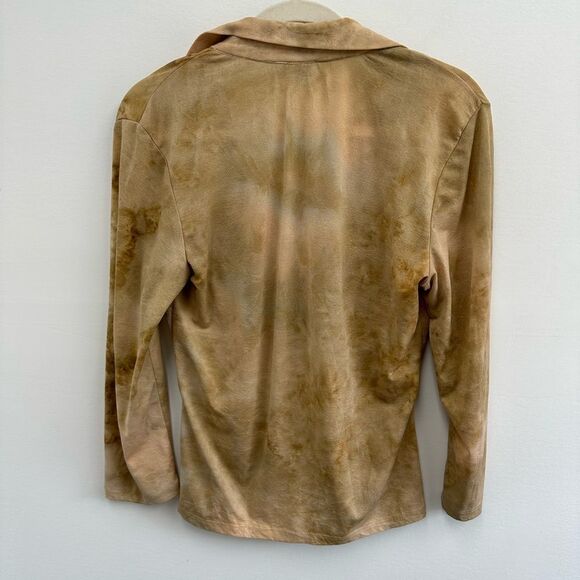Vintage Y2K 90s Ruched Collared Polo Beige Tie Dye Long Sleeve Top Size M - Picture 8 of 8